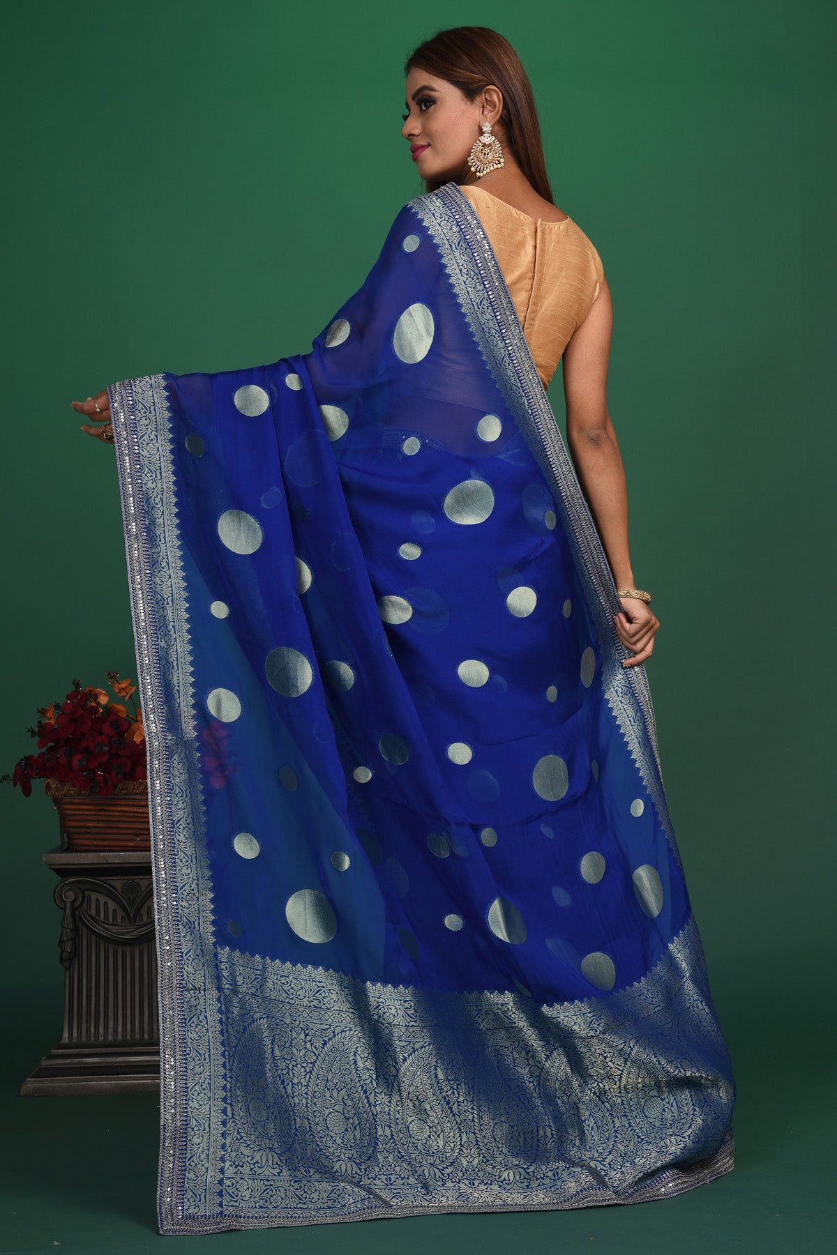 Buy beautiful royal blue georgette Banarasi sari online in USA with silver zari border. Keep your ethnic wardrobe up to date with latest designer sarees, pure silk sarees, handwoven sarees, tussar silk sarees, embroidered sarees, organza saris from Pure Elegance Indian saree store in USA.-back