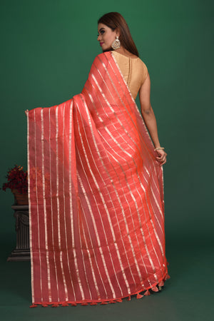 Buy beautiful coral pink organza saree online in USA with multicolor saree blouse. Slay ethnic style on special occasions with beautiful designer sarees, handwoven sarees, embroidered sarees, party wear sarees, Bollywood sarees from Pure Elegance Indian saree store in USA.-back