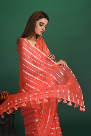 Buy beautiful coral pink organza saree online in USA with multicolor saree blouse. Slay ethnic style on special occasions with beautiful designer sarees, handwoven sarees, embroidered sarees, party wear sarees, Bollywood sarees from Pure Elegance Indian saree store in USA.-closeup