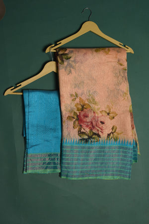 Shop this elegant peach-blue tussars silk saree with floral printed online in USA. This tussar handwoven silk saree will make you look stunningly beautiful. Embellished with a royal pallu and a unstitched blouse. Make it yours and flaunt a handwoven marvel. Add this designer saree from Pure Elegance Indian fashion store in USA.-Unstitched blouse.