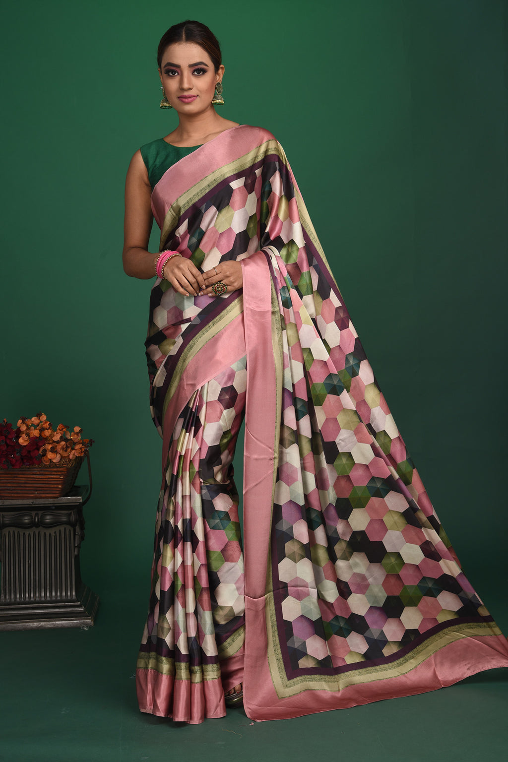Shop elegant dusty pink and black printed crepe satin saree online in USA. Be a vision of style and elegance at parties and special occasions in beautiful designer sarees, embroidered sarees, printed sarees, satin saris from Pure Elegance Indian fashion store in USA.-full view