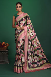 Shop elegant dusty pink and black printed crepe satin saree online in USA. Be a vision of style and elegance at parties and special occasions in beautiful designer sarees, embroidered sarees, printed sarees, satin saris from Pure Elegance Indian fashion store in USA.-full view