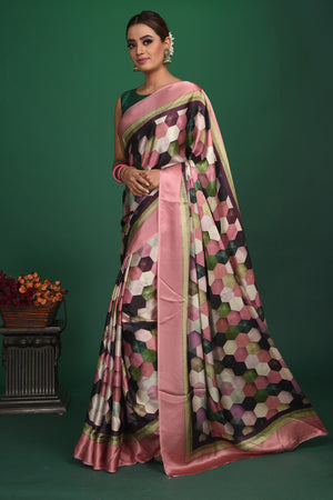 Shop elegant dusty pink and black printed crepe satin saree online in USA. Be a vision of style and elegance at parties and special occasions in beautiful designer sarees, embroidered sarees, printed sarees, satin saris from Pure Elegance Indian fashion store in USA.-pallu