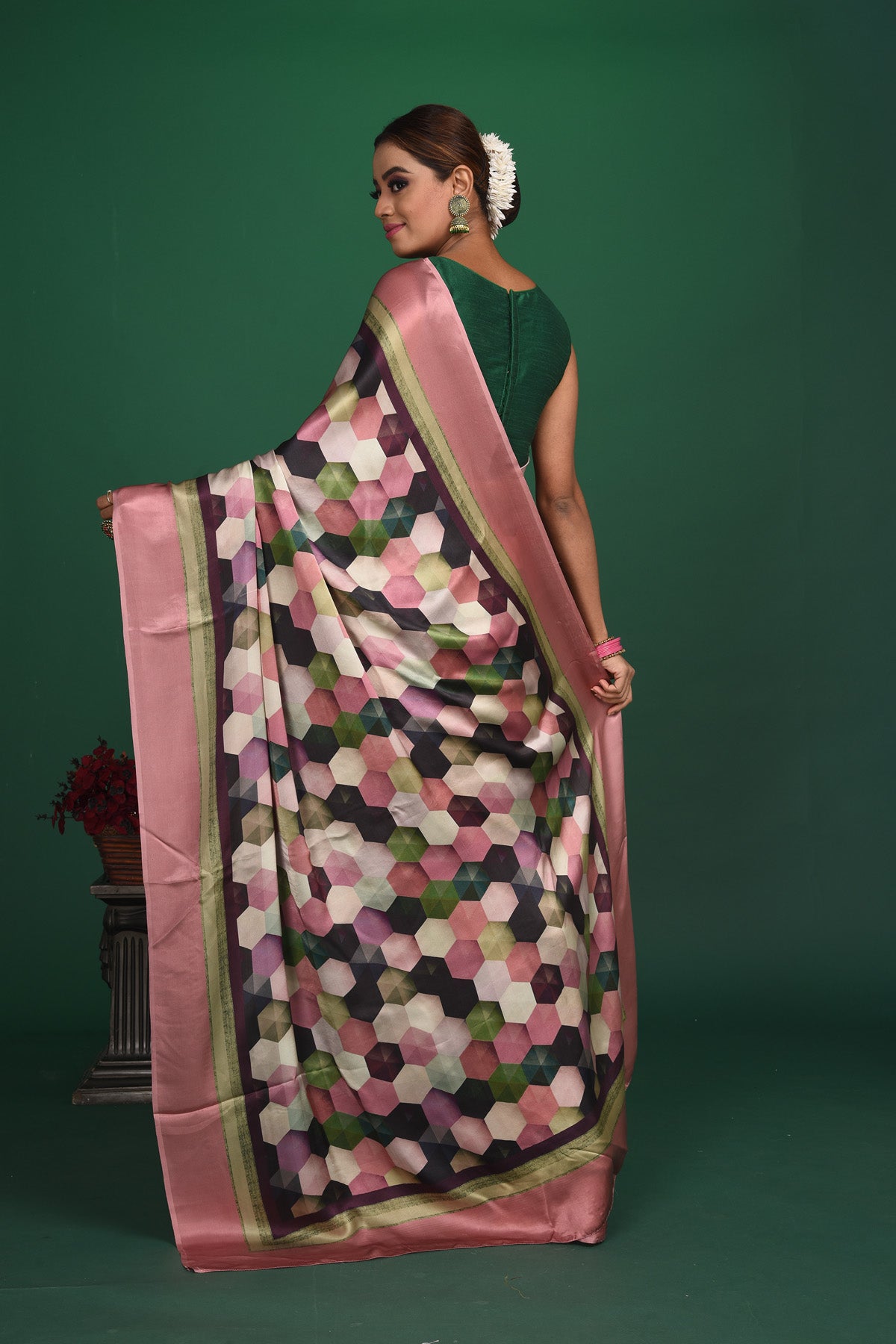 Shop elegant dusty pink and black printed crepe satin saree online in USA. Be a vision of style and elegance at parties and special occasions in beautiful designer sarees, embroidered sarees, printed sarees, satin saris from Pure Elegance Indian fashion store in USA.-back