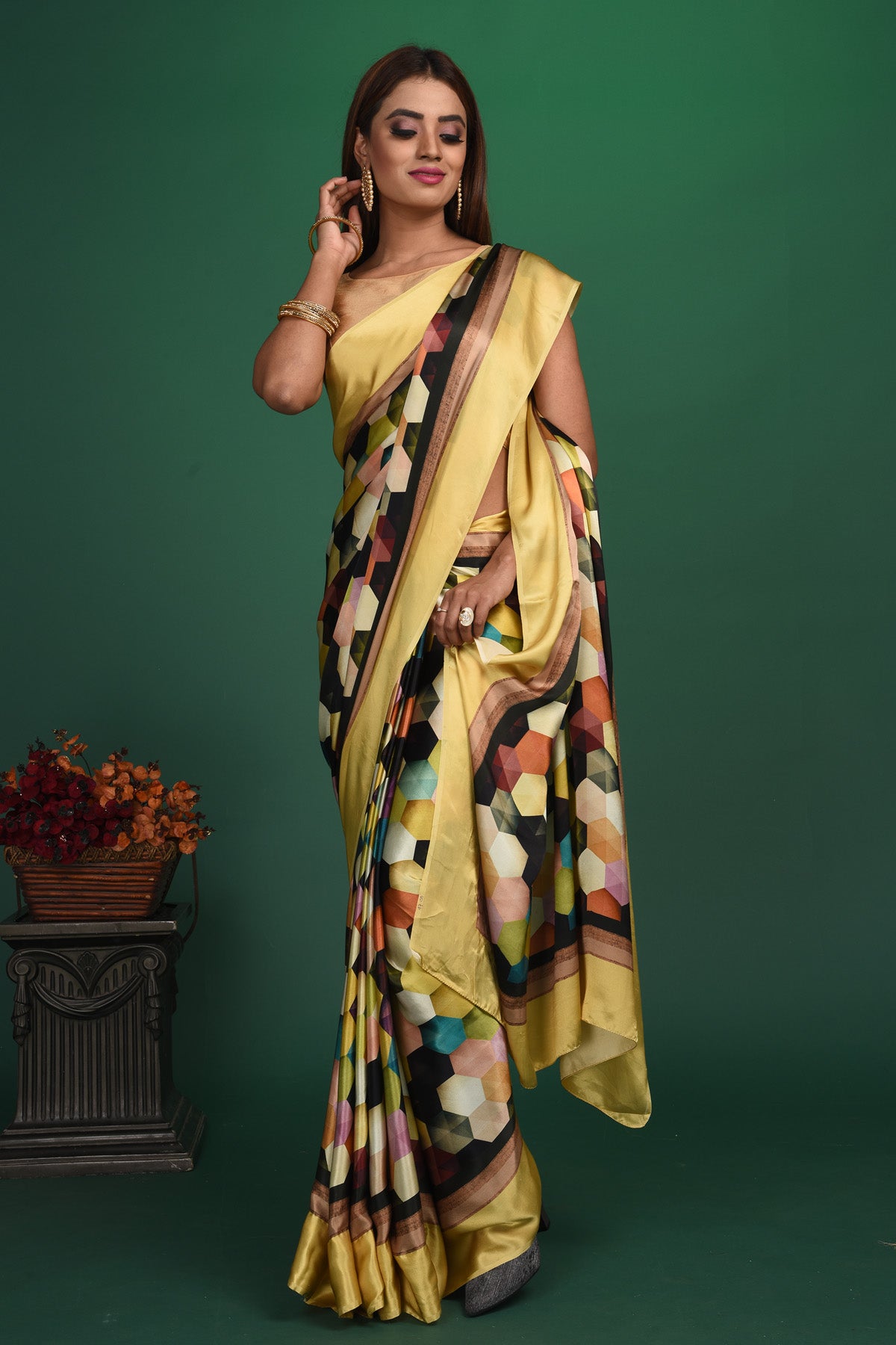 Buy stunning yellow and multicolor printed crepe satin saree online in USA. Be a vision of style and elegance at parties and special occasions in beautiful designer sarees, embroidered sarees, printed sarees, satin saris from Pure Elegance Indian fashion store in USA.-full view