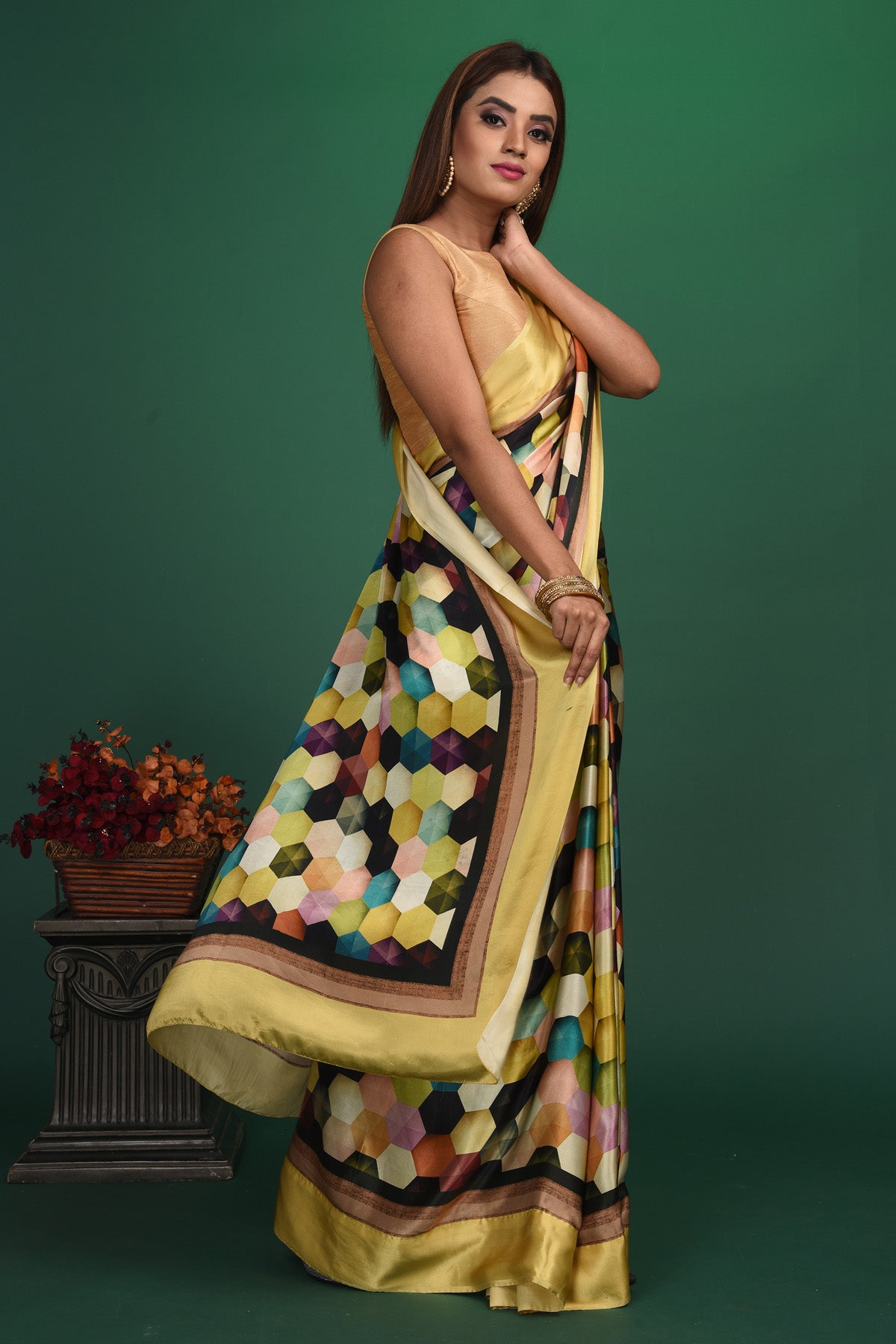 Buy stunning yellow and multicolor printed crepe satin saree online in USA. Be a vision of style and elegance at parties and special occasions in beautiful designer sarees, embroidered sarees, printed sarees, satin saris from Pure Elegance Indian fashion store in USA.-side