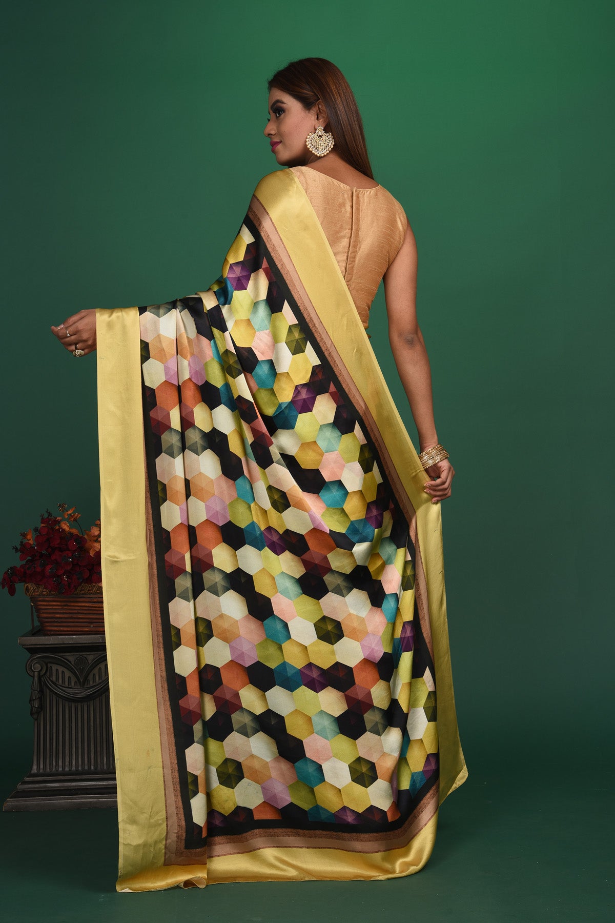 Buy stunning yellow and multicolor printed crepe satin saree online in USA. Be a vision of style and elegance at parties and special occasions in beautiful designer sarees, embroidered sarees, printed sarees, satin saris from Pure Elegance Indian fashion store in USA.-back