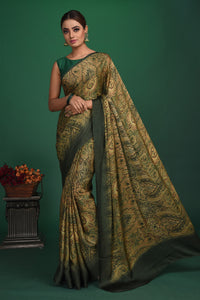 Buy stunning green printed crepe satin saree online in USA. Be a vision of style and elegance at parties and special occasions in beautiful designer sarees, embroidered sarees, printed sarees, satin saris from Pure Elegance Indian fashion store in USA.-full view