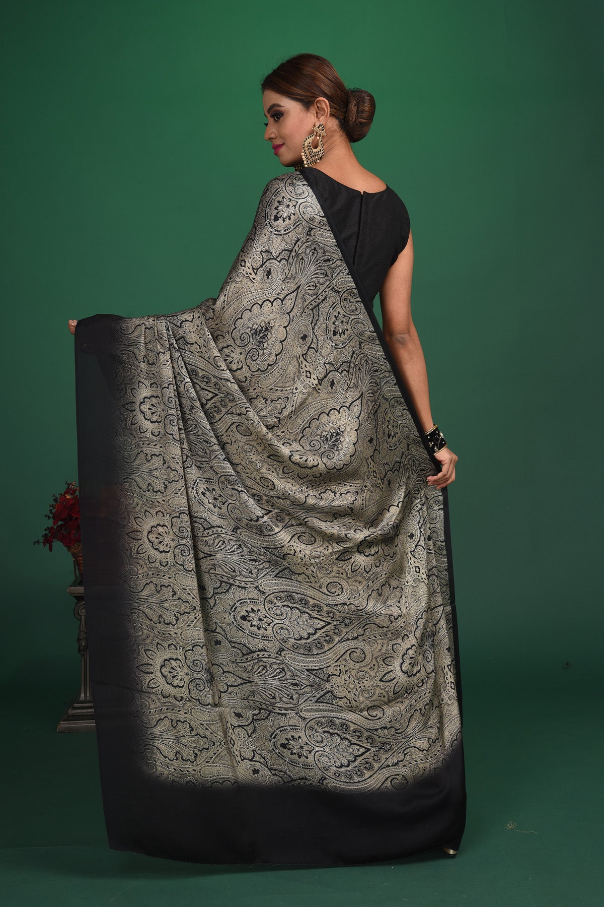 Shop stunning black and grey printed crepe satin saree online in USA. Be a vision of style and elegance at parties and special occasions in beautiful designer sarees, embroidered sarees, printed sarees, satin saris from Pure Elegance Indian fashion store in USA.-back