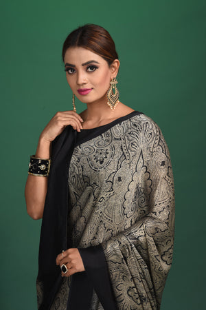 Shop stunning black and grey printed crepe satin saree online in USA. Be a vision of style and elegance at parties and special occasions in beautiful designer sarees, embroidered sarees, printed sarees, satin saris from Pure Elegance Indian fashion store in USA.-closeup