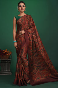 Shop stunning maroon printed crepe satin saree online in USA. Be a vision of style and elegance at parties and special occasions in beautiful designer sarees, embroidered sarees, printed sarees, satin saris from Pure Elegance Indian fashion store in USA.-full view