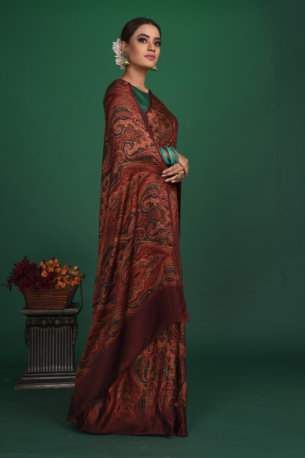 Shop stunning maroon printed crepe satin saree online in USA. Be a vision of style and elegance at parties and special occasions in beautiful designer sarees, embroidered sarees, printed sarees, satin saris from Pure Elegance Indian fashion store in USA.-side