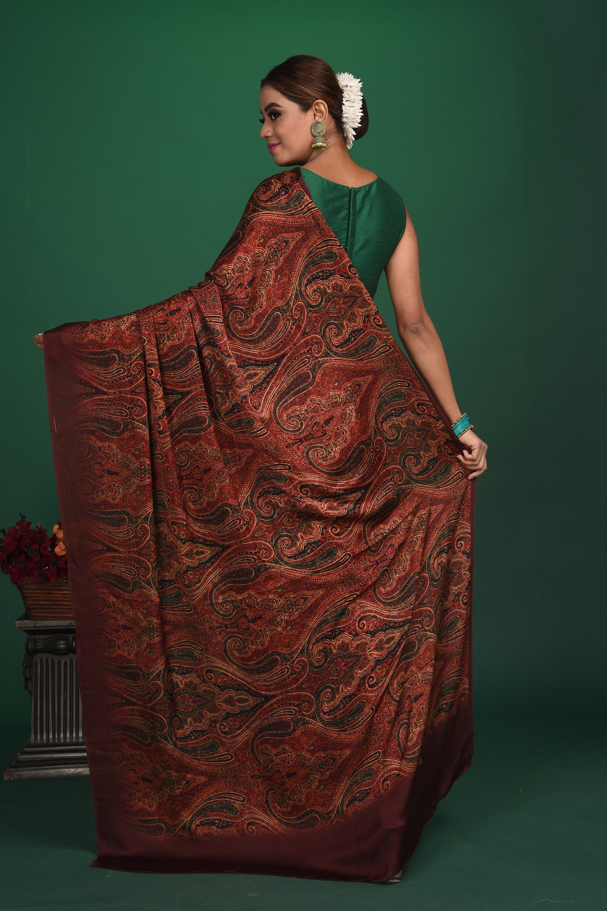 Shop stunning maroon printed crepe satin saree online in USA. Be a vision of style and elegance at parties and special occasions in beautiful designer sarees, embroidered sarees, printed sarees, satin saris from Pure Elegance Indian fashion store in USA.-back