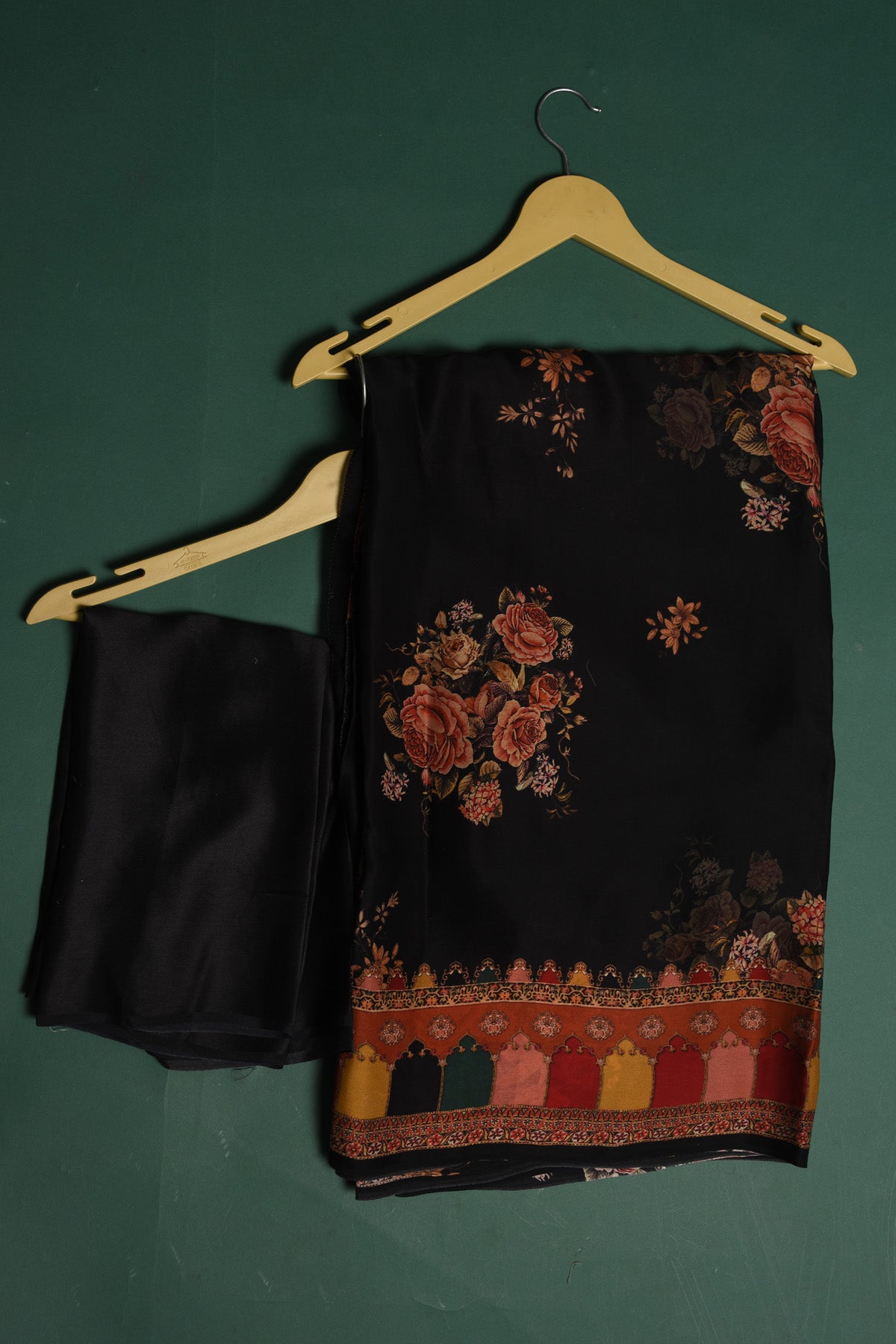 Shop stunning black floral printed crepe satin saree online in USA. Be a vision of style and elegance at parties and special occasions in beautiful designer sarees, embroidered sarees, printed sarees, satin saris from Pure Elegance Indian fashion store in USA.-blouse