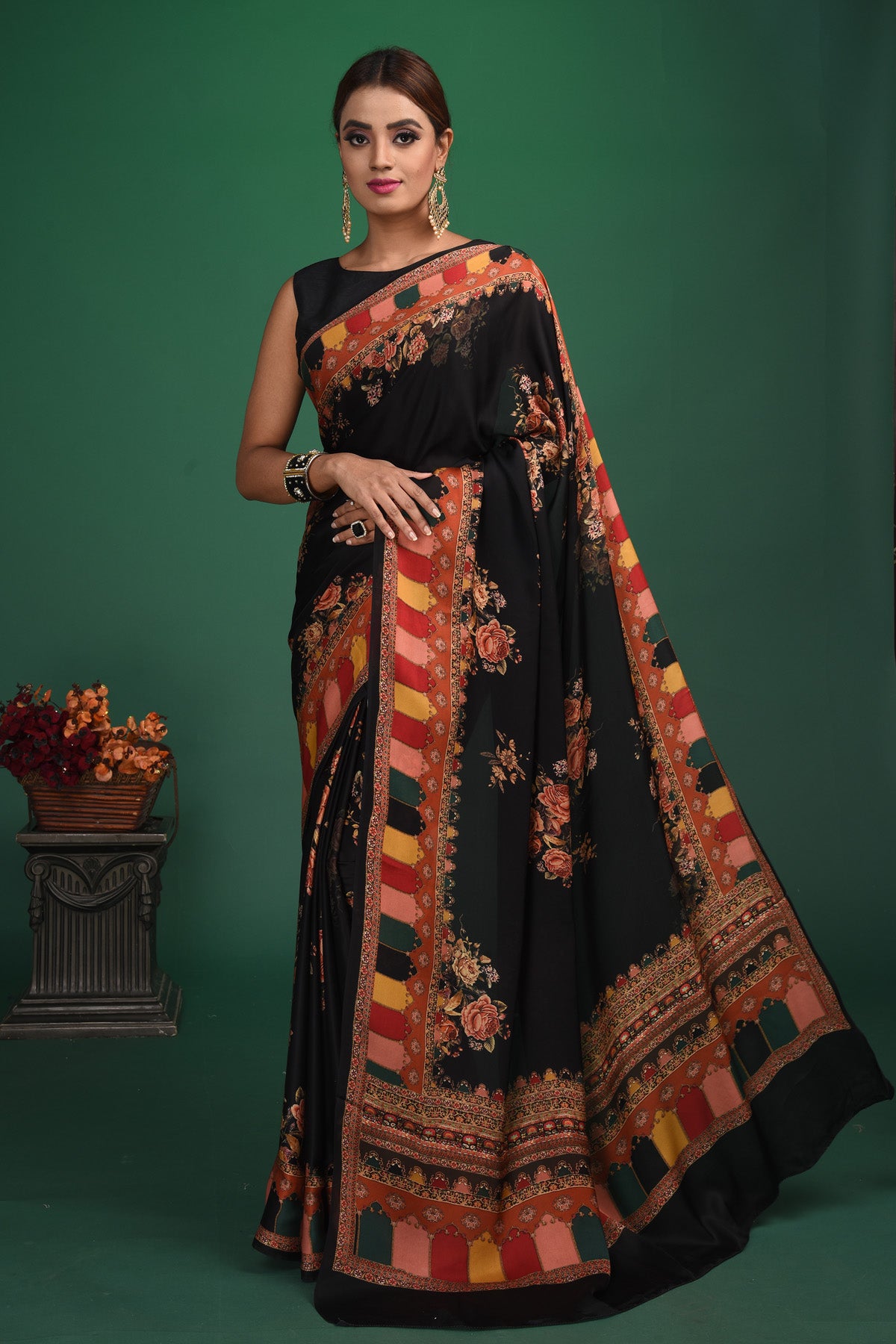 Shop stunning black floral printed crepe satin saree online in USA. Be a vision of style and elegance at parties and special occasions in beautiful designer sarees, embroidered sarees, printed sarees, satin saris from Pure Elegance Indian fashion store in USA.-full view