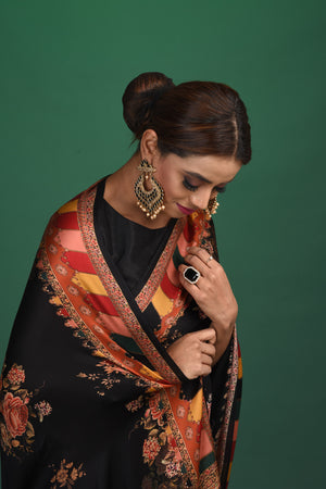 Shop stunning black floral printed crepe satin saree online in USA. Be a vision of style and elegance at parties and special occasions in beautiful designer sarees, embroidered sarees, printed sarees, satin saris from Pure Elegance Indian fashion store in USA.-closeup