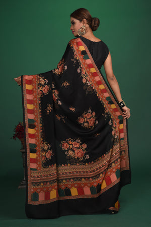 Shop stunning black floral printed crepe satin saree online in USA. Be a vision of style and elegance at parties and special occasions in beautiful designer sarees, embroidered sarees, printed sarees, satin saris from Pure Elegance Indian fashion store in USA.-back