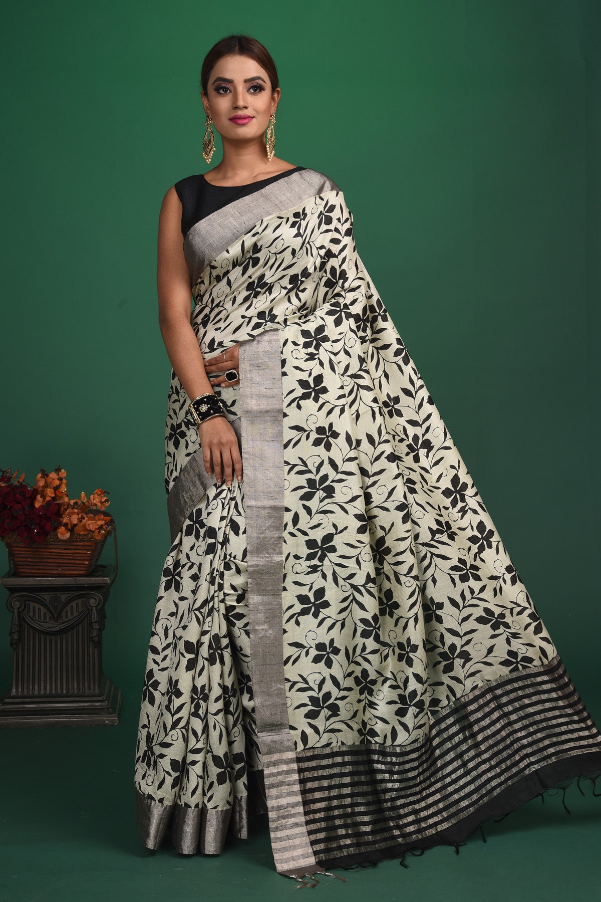 Shop beautiful light grey floral print tussar Benarasi saree online in USA with zari border. Be a vision of style and elegance at parties and special occasions in beautiful designer sarees, embroidered sarees, printed sarees, satin saris from Pure Elegance Indian fashion store in USA.-full view