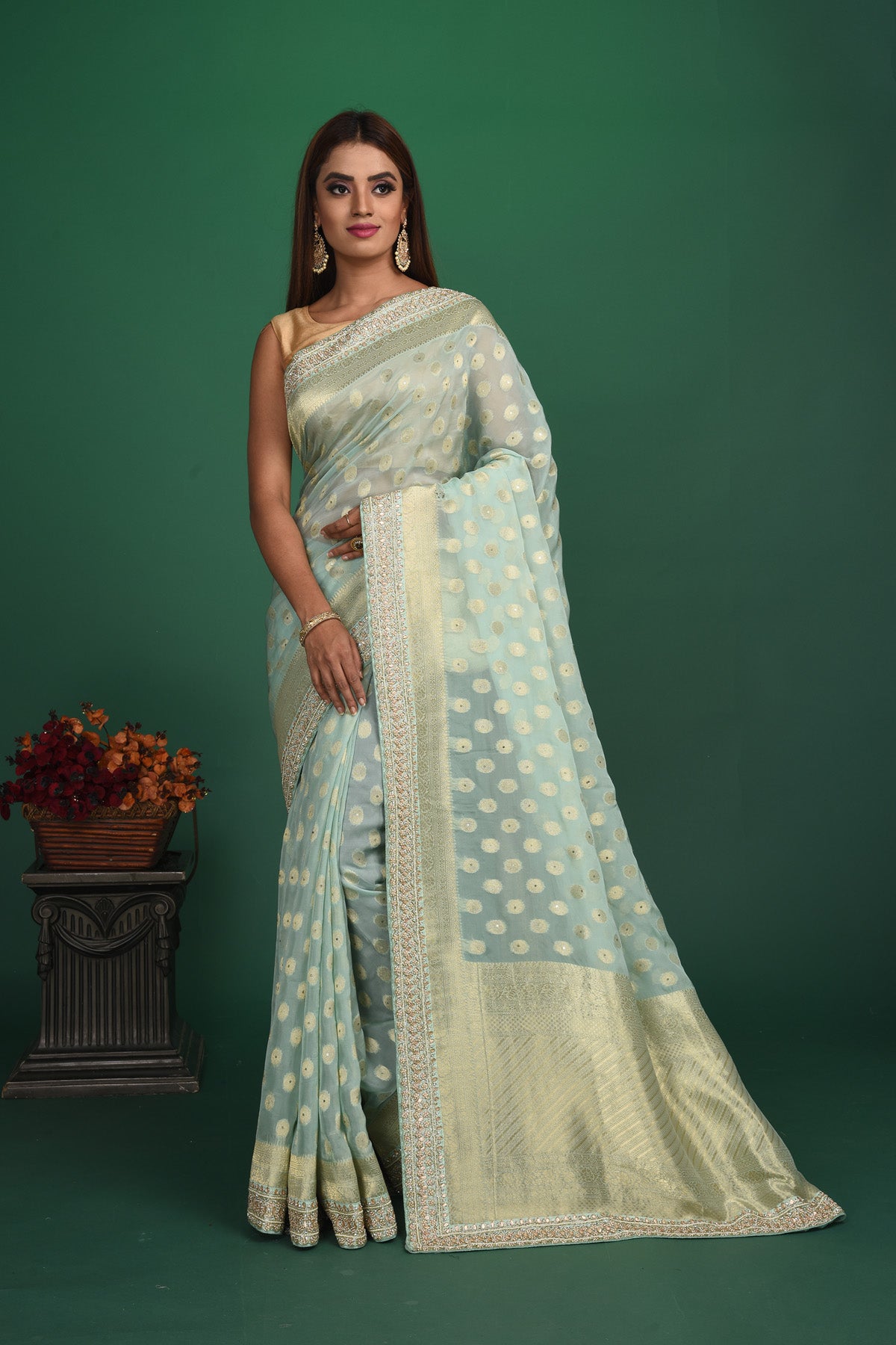Buy stunning powder blue Benarasi georgette saree online in USA with embroidered border. Be a vision of style and elegance at parties and special occasions in beautiful designer sarees, embroidered sarees, printed sarees, satin saris from Pure Elegance Indian fashion store in USA.-full view