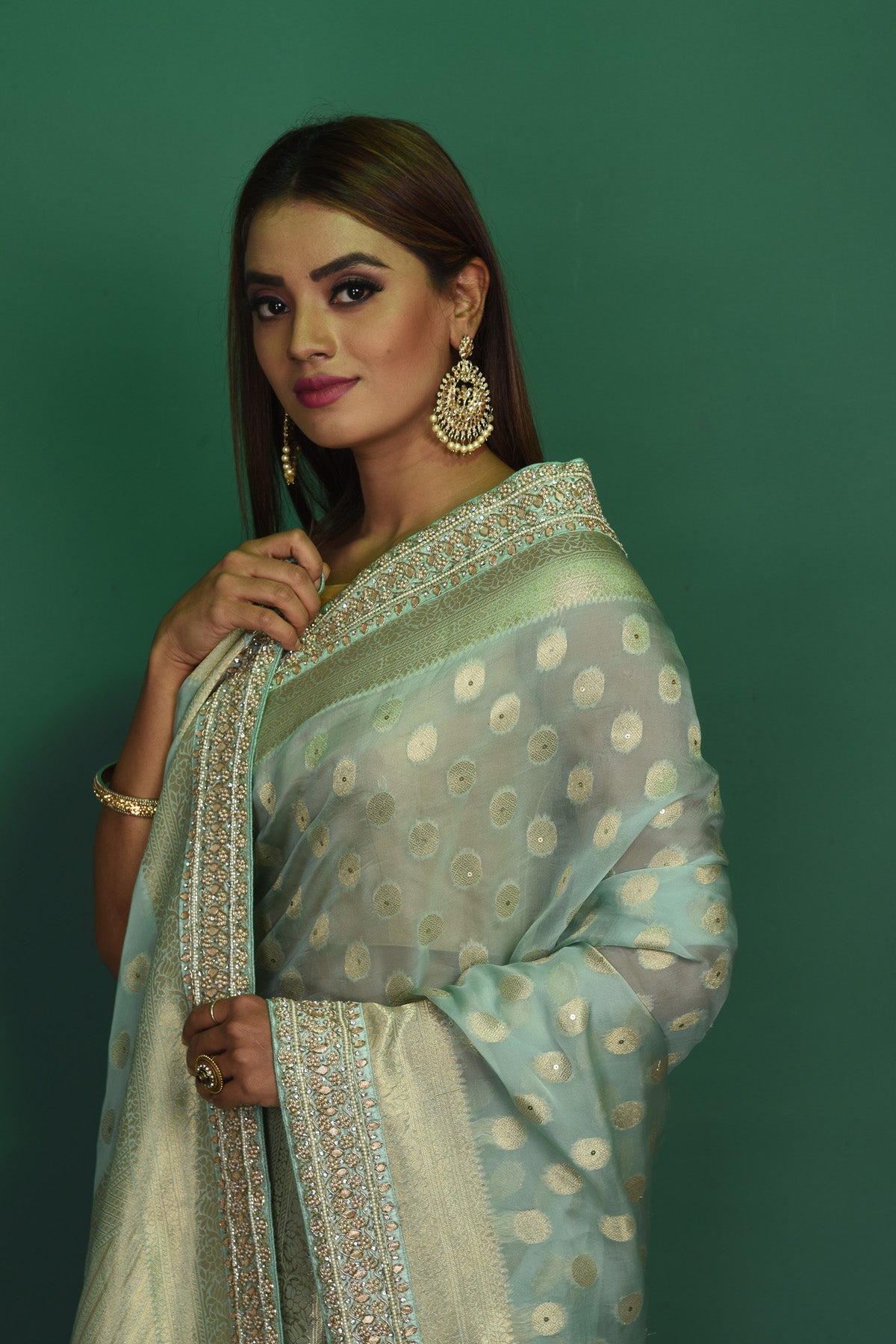 Buy stunning powder blue Benarasi georgette saree online in USA with embroidered border. Be a vision of style and elegance at parties and special occasions in beautiful designer sarees, embroidered sarees, printed sarees, satin saris from Pure Elegance Indian fashion store in USA.-closeup