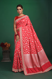 Shop beautiful red Benarasi georgette saree online in USA with embroidered border. Be a vision of style and elegance at parties and special occasions in beautiful designer sarees, embroidered sarees, printed sarees, satin saris from Pure Elegance Indian fashion store in USA.-full view