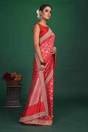 Shop beautiful red Benarasi georgette saree online in USA with embroidered border. Be a vision of style and elegance at parties and special occasions in beautiful designer sarees, embroidered sarees, printed sarees, satin saris from Pure Elegance Indian fashion store in USA.-side