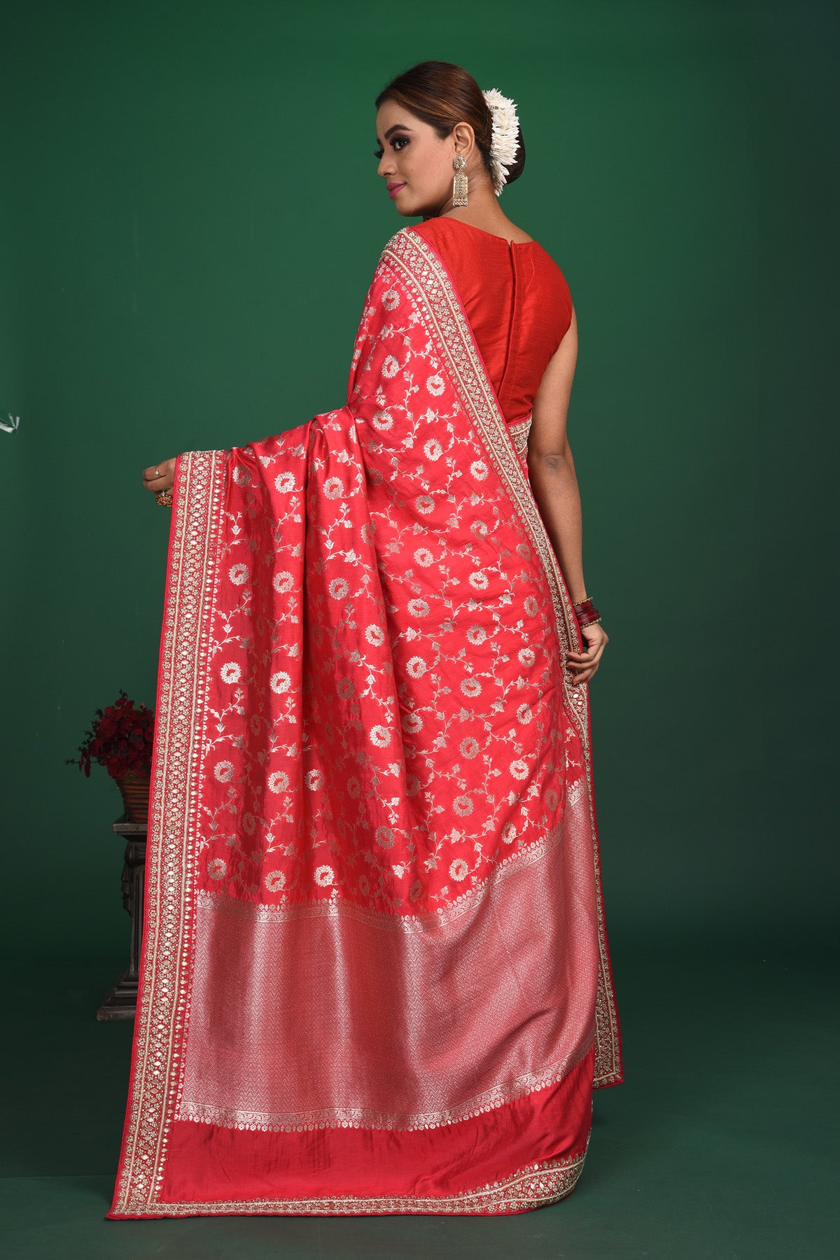 Shop beautiful red Benarasi georgette saree online in USA with embroidered border. Be a vision of style and elegance at parties and special occasions in beautiful designer sarees, embroidered sarees, printed sarees, satin saris from Pure Elegance Indian fashion store in USA.-back