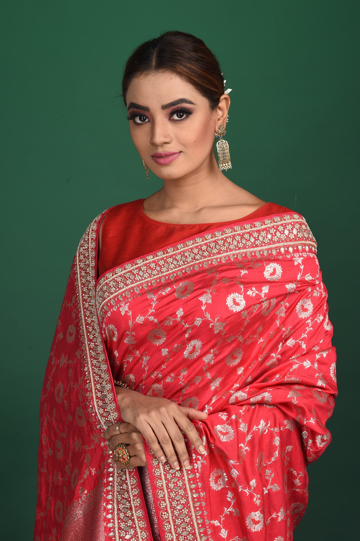 Shop beautiful red Benarasi georgette saree online in USA with embroidered border. Be a vision of style and elegance at parties and special occasions in beautiful designer sarees, embroidered sarees, printed sarees, satin saris from Pure Elegance Indian fashion store in USA.-closeup