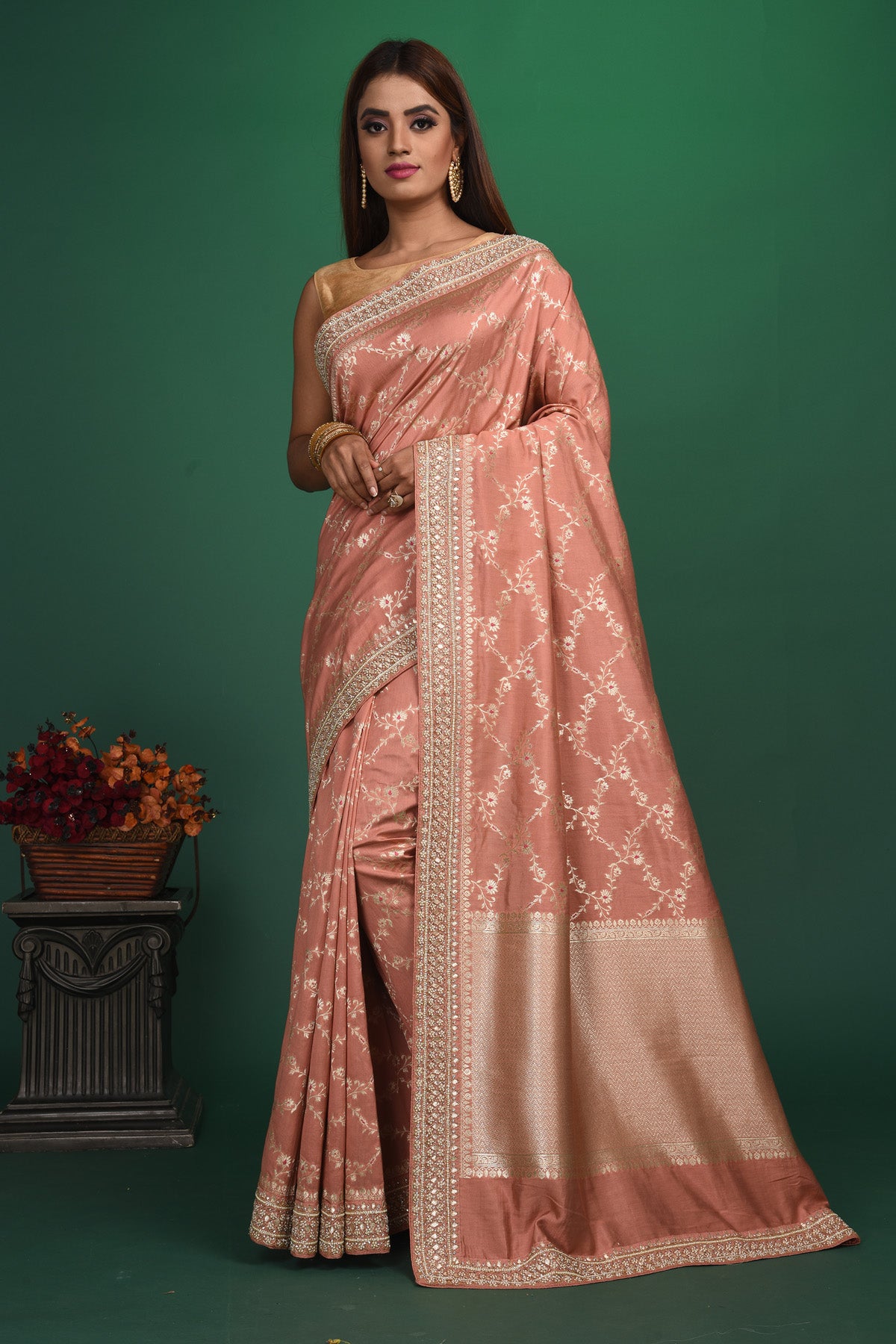 Buy stunning beige Benarasi saree online in USA with embroidered border. Be a vision of style and elegance at parties and special occasions in beautiful designer sarees, embroidered sarees, printed sarees, satin saris from Pure Elegance Indian fashion store in USA.-full view