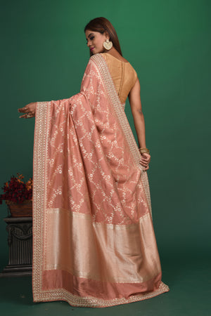 Buy stunning beige Benarasi saree online in USA with embroidered border. Be a vision of style and elegance at parties and special occasions in beautiful designer sarees, embroidered sarees, printed sarees, satin saris from Pure Elegance Indian fashion store in USA.-back