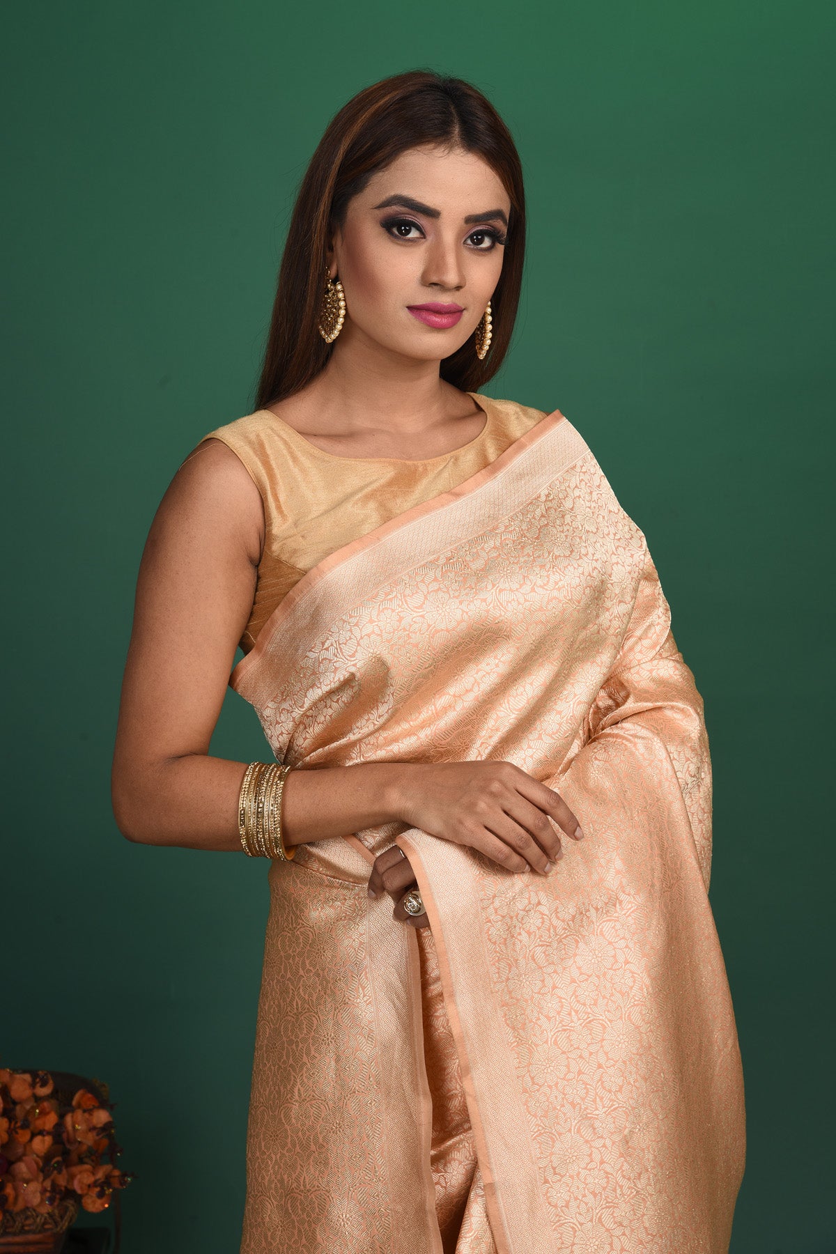 Shop stunning peach Banarasi saree online in USA with designer saree blouse. Be a vision of style and elegance at parties and special occasions in beautiful designer sarees, embroidered sarees, printed sarees, satin saris from Pure Elegance Indian fashion store in USA.-blouse