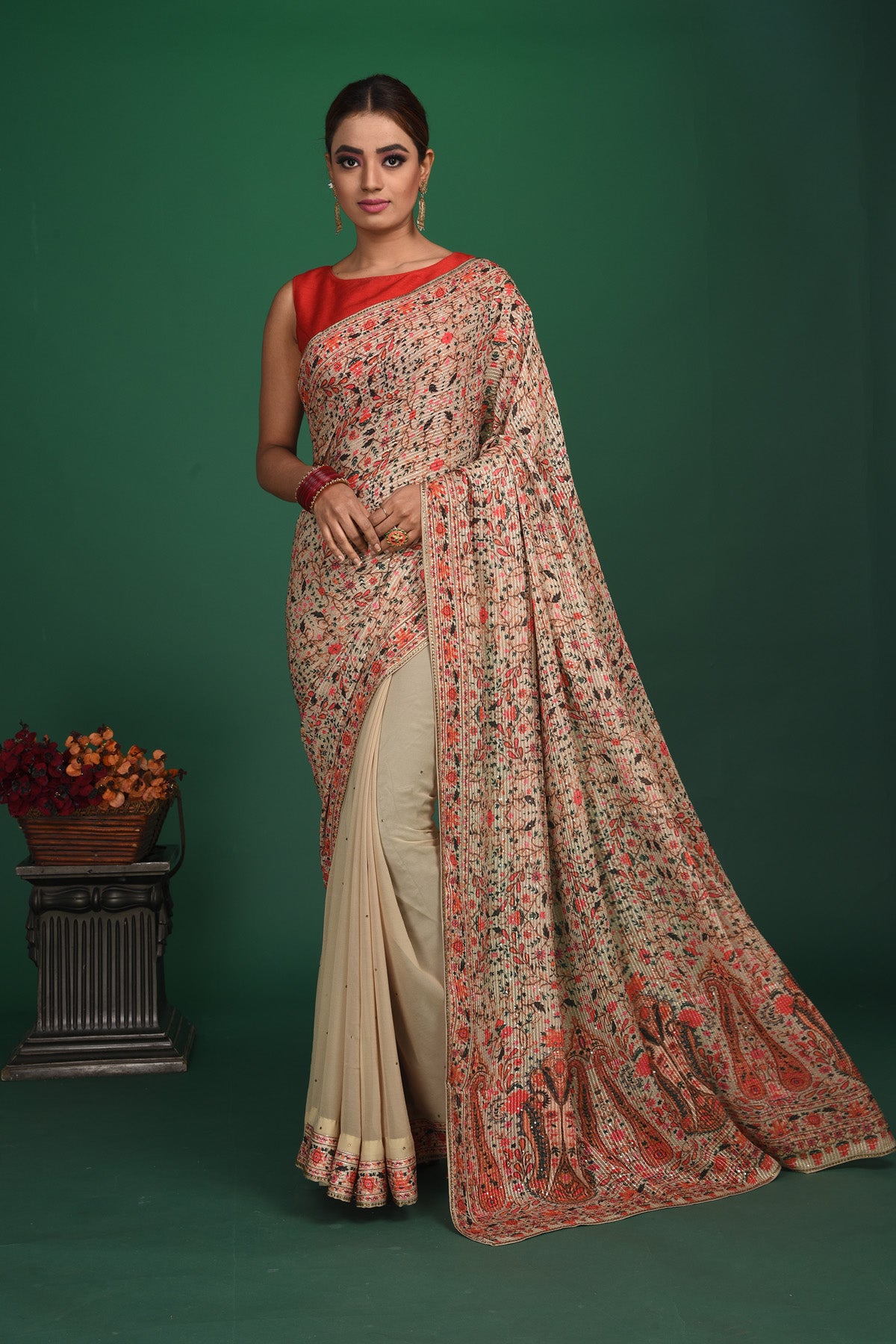Shop stunning beige printed sequin georgette saree online in USA. Be a vision of style and elegance at parties and special occasions in beautiful designer sarees, embroidered sarees, printed sarees, satin saris from Pure Elegance Indian fashion store in USA.-full view