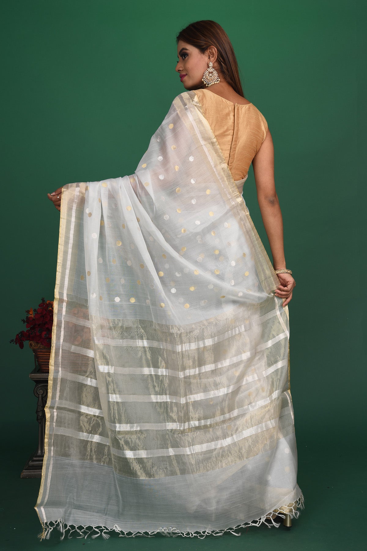 Shop beautiful white organza saree online in USA with pink embroidered blouse. Be a vision of style and elegance at parties and special occasions in beautiful designer sarees, embroidered sarees, printed sarees, satin saris from Pure Elegance Indian fashion store in USA.-back