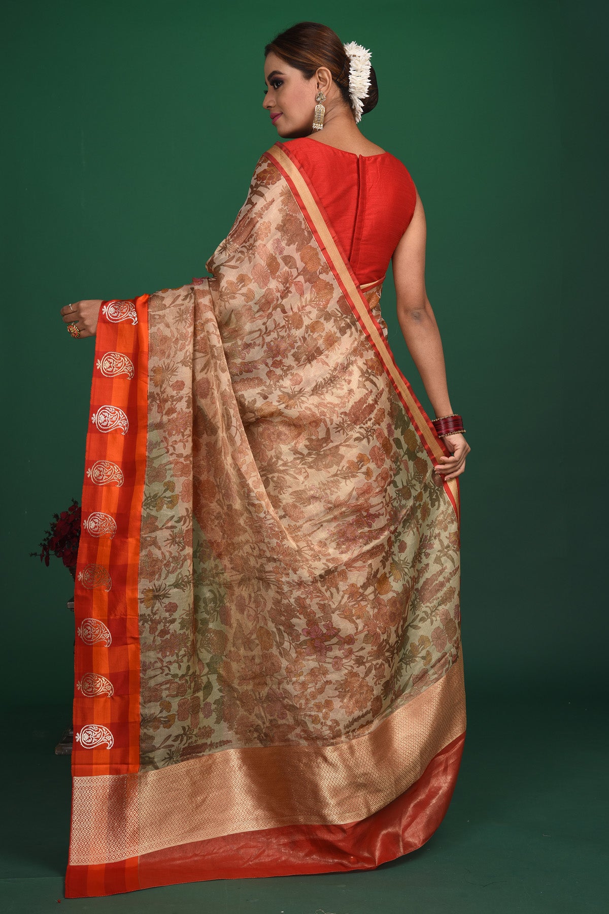 Buy beautiful beige printed Kanjeevaram saree online in USA with red and orange border. Be a vision of style and elegance at parties and special occasions in beautiful designer sarees, embroidered sarees, printed sarees, satin saris from Pure Elegance Indian fashion store in USA.-back
