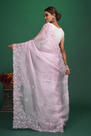 Shop stunning lavender organza sari online in USA with embroidered border. Be a vision of style and elegance at parties and special occasions in beautiful designer sarees, embroidered sarees, printed sarees, satin saris from Pure Elegance Indian fashion store in USA.-back