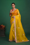 Shop stunning mango yellow embroidered organza saree online in USA. Be a vision of style and elegance at parties and special occasions in beautiful designer sarees, embroidered sarees, printed sarees, satin saris from Pure Elegance Indian fashion store in USA.-full view