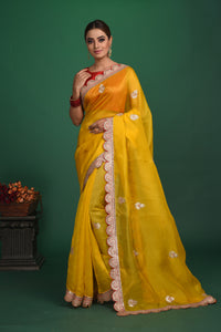 Shop stunning mango yellow embroidered organza saree online in USA. Be a vision of style and elegance at parties and special occasions in beautiful designer sarees, embroidered sarees, printed sarees, satin saris from Pure Elegance Indian fashion store in USA.-full view