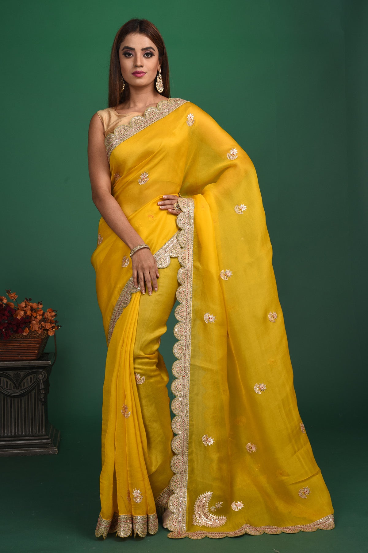 Buy stunning mango yellow embroidered organza saree online in USA. Be a vision of style and elegance at parties and special occasions in beautiful designer sarees, embroidered sarees, printed sarees, satin saris from Pure Elegance Indian fashion store in USA.-full view