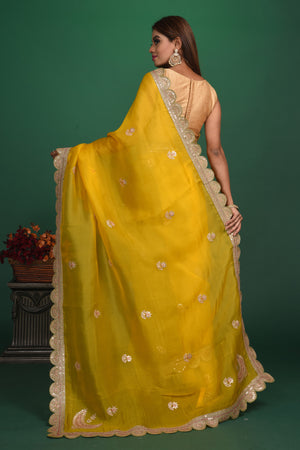 Buy stunning mango yellow embroidered organza saree online in USA. Be a vision of style and elegance at parties and special occasions in beautiful designer sarees, embroidered sarees, printed sarees, satin saris from Pure Elegance Indian fashion store in USA.-back