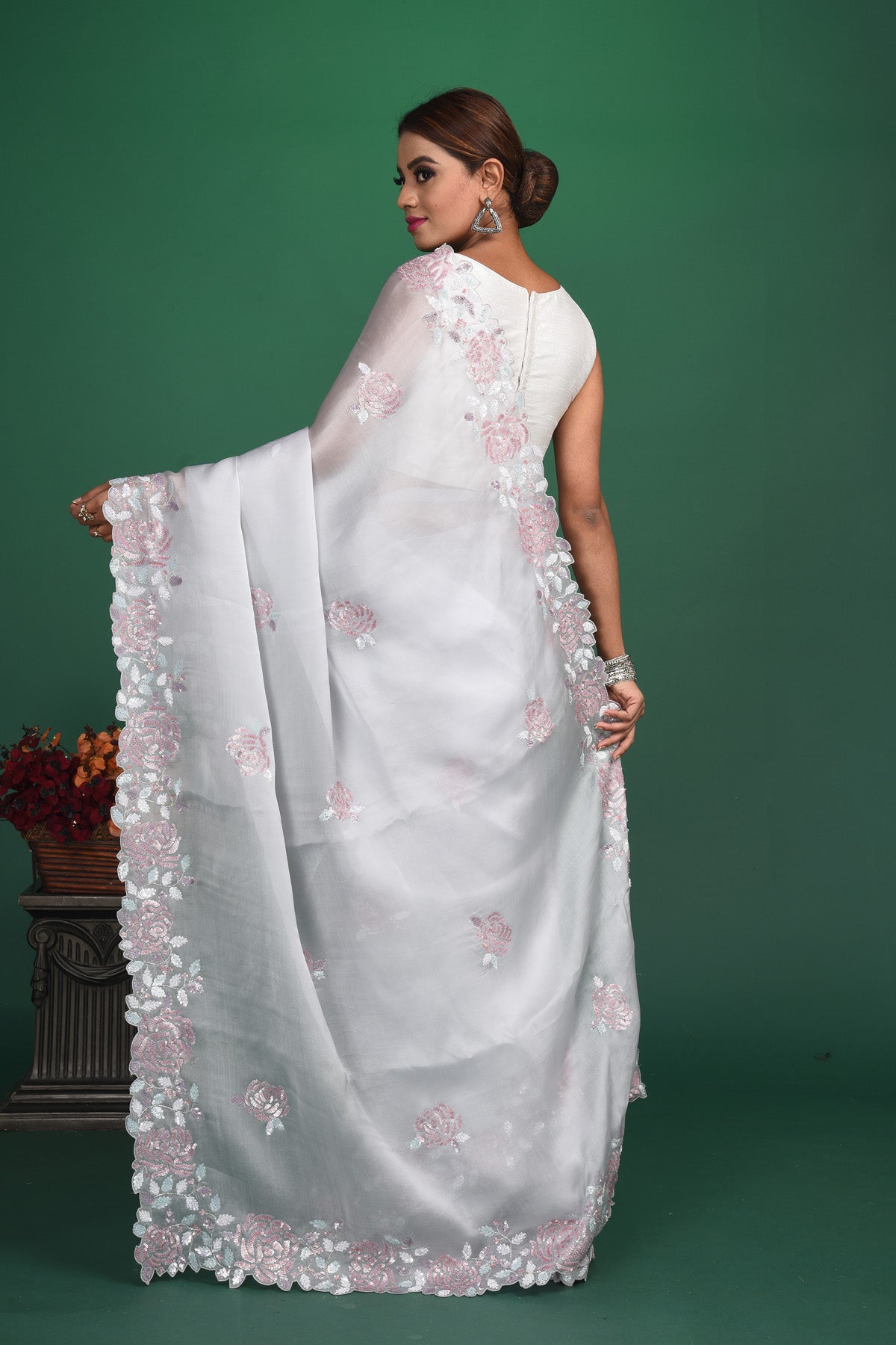Buy stunning white embroidered organza saree online in USA. Be a vision of style and elegance at parties and special occasions in beautiful designer sarees, embroidered sarees, printed sarees, satin saris from Pure Elegance Indian fashion store in USA.-back