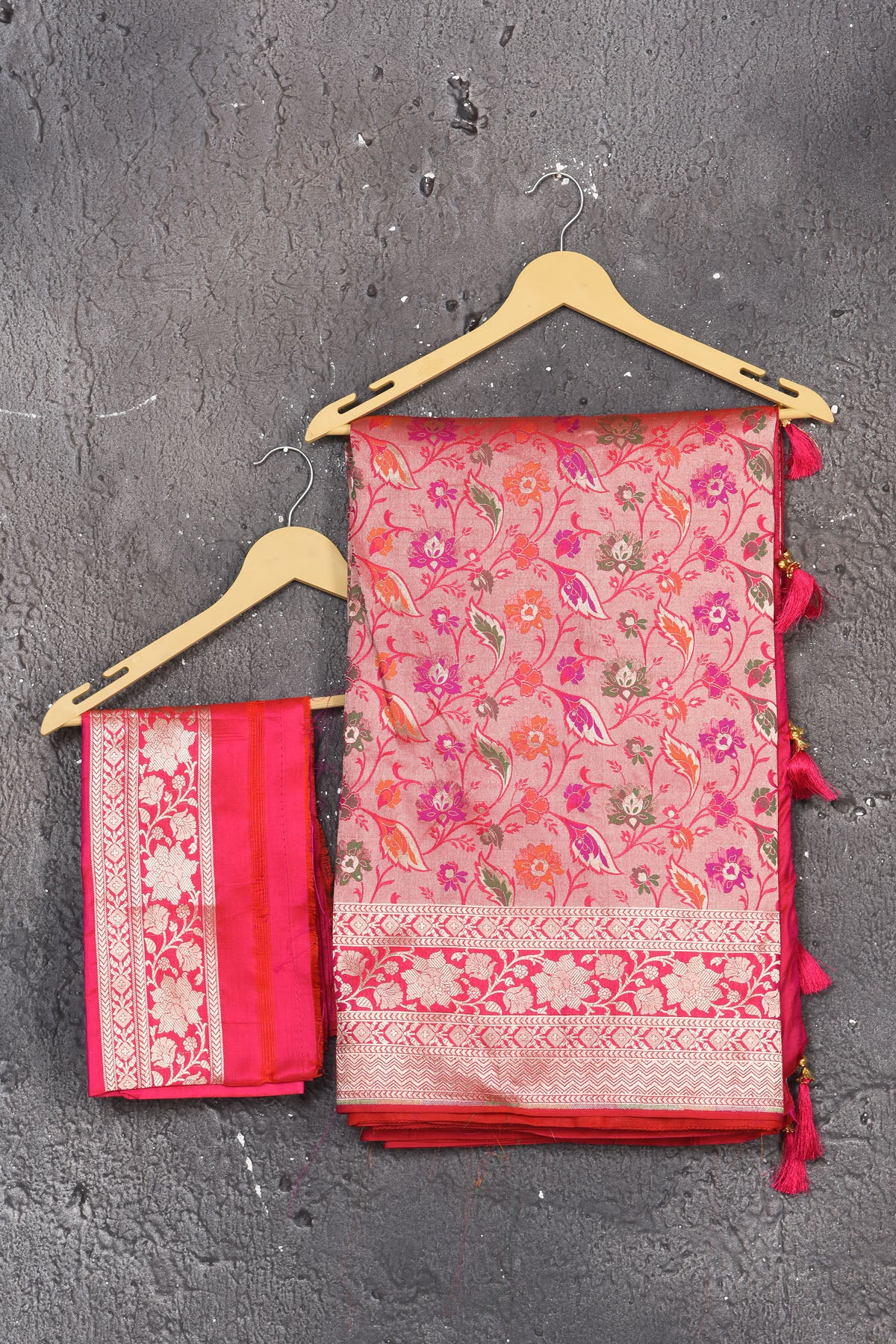 Buy this exquisite pink banarasi brocade with weaving dull-gold zari border online in USA. Create and establish a smashing influence on everybody by carrying this traditional Banarasi Brocade woven silk saree comes with colourful floral pattern with your designer blouse. Shop designer handwoven banarasi brocade sari with any blouse from Pure Elegance Indian saree store in USA.- Unstitched blouse.