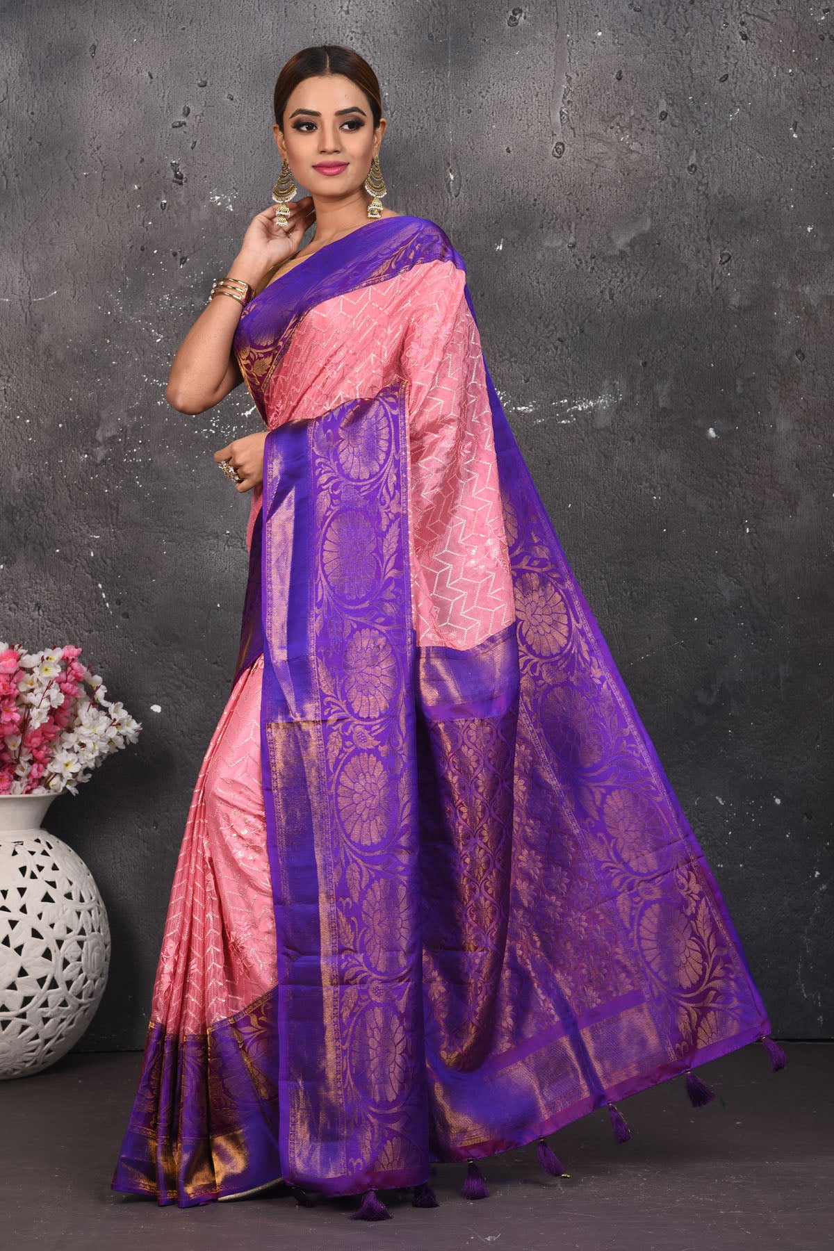 Buy this elegant purple and pink sequins georgette saree with heavy golden zari border online in USA. Create and establish a smashing influence on everybody by carrying this designer sequin georgette saree with your designer blouse. Shop designer sequins georgette with heavy border from Pure Elegance Indian saree store in USA.- Full view.