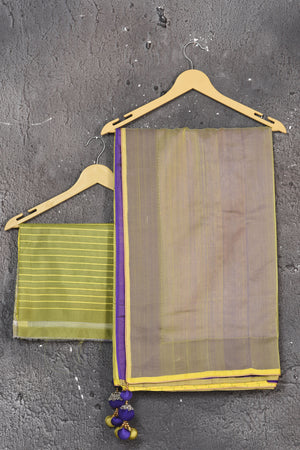 Shop stunning blue and yellow striped matka silk sari online in USA. Keep your ethnic wardrobe up to date with latest designer sarees, pure silk sarees, Kanchipuram silk sarees, handwoven saris, tussar silk sarees, embroidered saris from Pure Elegance Indian saree store in USA.-blouse