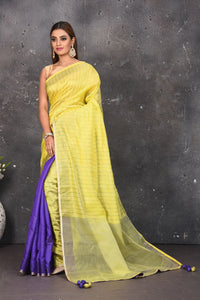 Shop stunning blue and yellow striped matka silk sari online in USA. Keep your ethnic wardrobe up to date with latest designer sarees, pure silk sarees, Kanchipuram silk sarees, handwoven saris, tussar silk sarees, embroidered saris from Pure Elegance Indian saree store in USA.-full view