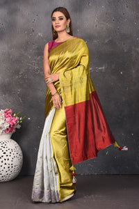 Shop stunning gold and grey matka silk saree online in USA with red pallu. Keep your ethnic wardrobe up to date with latest designer sarees, pure silk sarees, Kanchipuram silk sarees, handwoven saris, tussar silk sarees, embroidered saris from Pure Elegance Indian saree store in USA.-full view