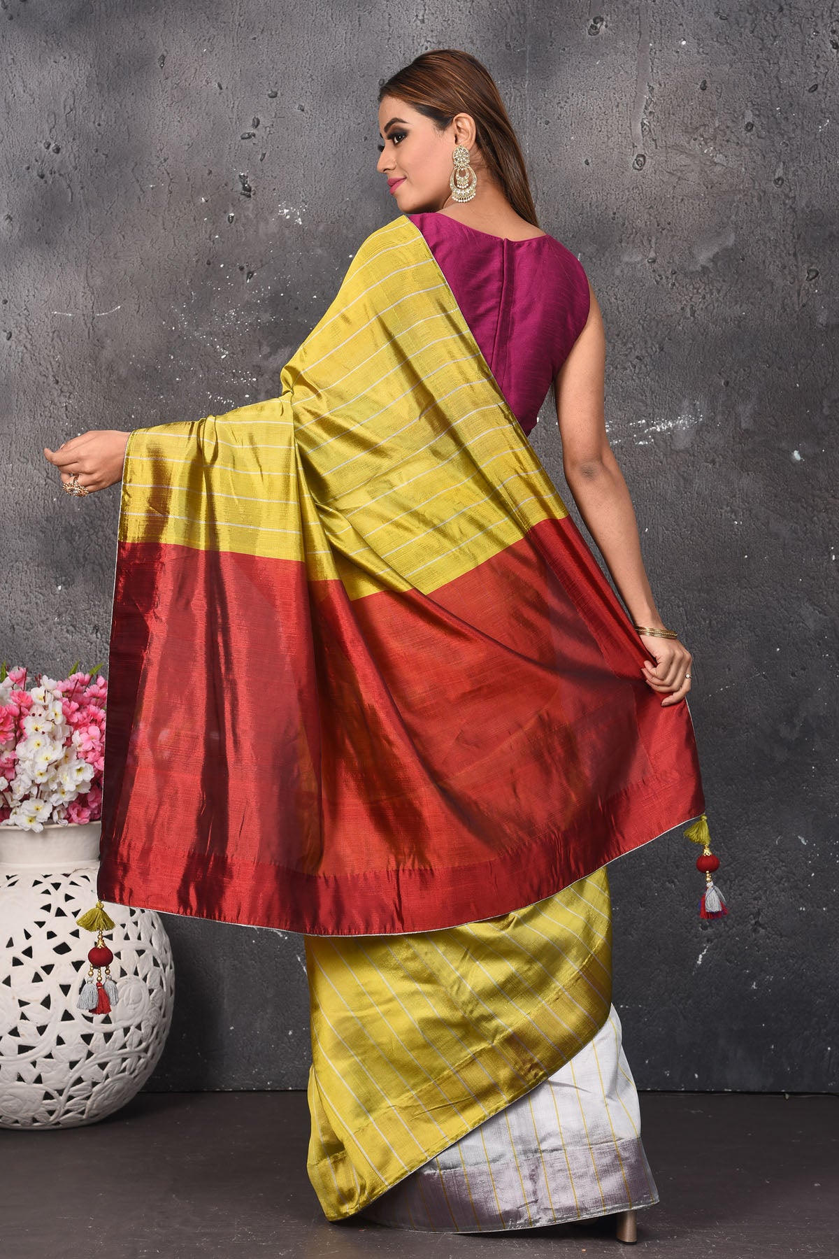 Shop stunning gold and grey matka silk saree online in USA with red pallu. Keep your ethnic wardrobe up to date with latest designer sarees, pure silk sarees, Kanchipuram silk sarees, handwoven saris, tussar silk sarees, embroidered saris from Pure Elegance Indian saree store in USA.-back
