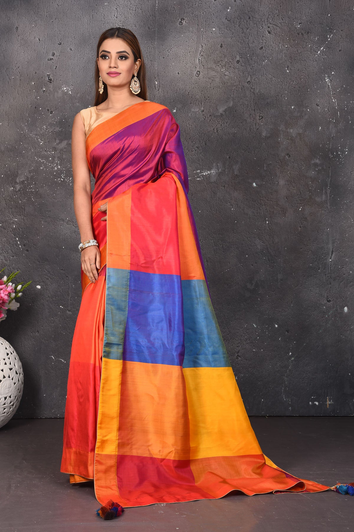 Shop beautiful magenta and orange matka silk saree online in USA with multicolor pallu. Keep your ethnic wardrobe up to date with latest designer sarees, pure silk sarees, Kanchipuram silk sarees, handwoven saris, tussar silk sarees, embroidered saris from Pure Elegance Indian saree store in USA.-full view