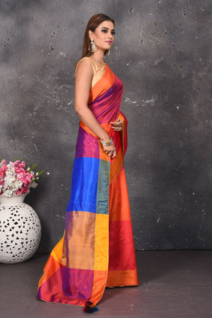 Shop beautiful magenta and orange matka silk saree online in USA with multicolor pallu. Keep your ethnic wardrobe up to date with latest designer sarees, pure silk sarees, Kanchipuram silk sarees, handwoven saris, tussar silk sarees, embroidered saris from Pure Elegance Indian saree store in USA.-side