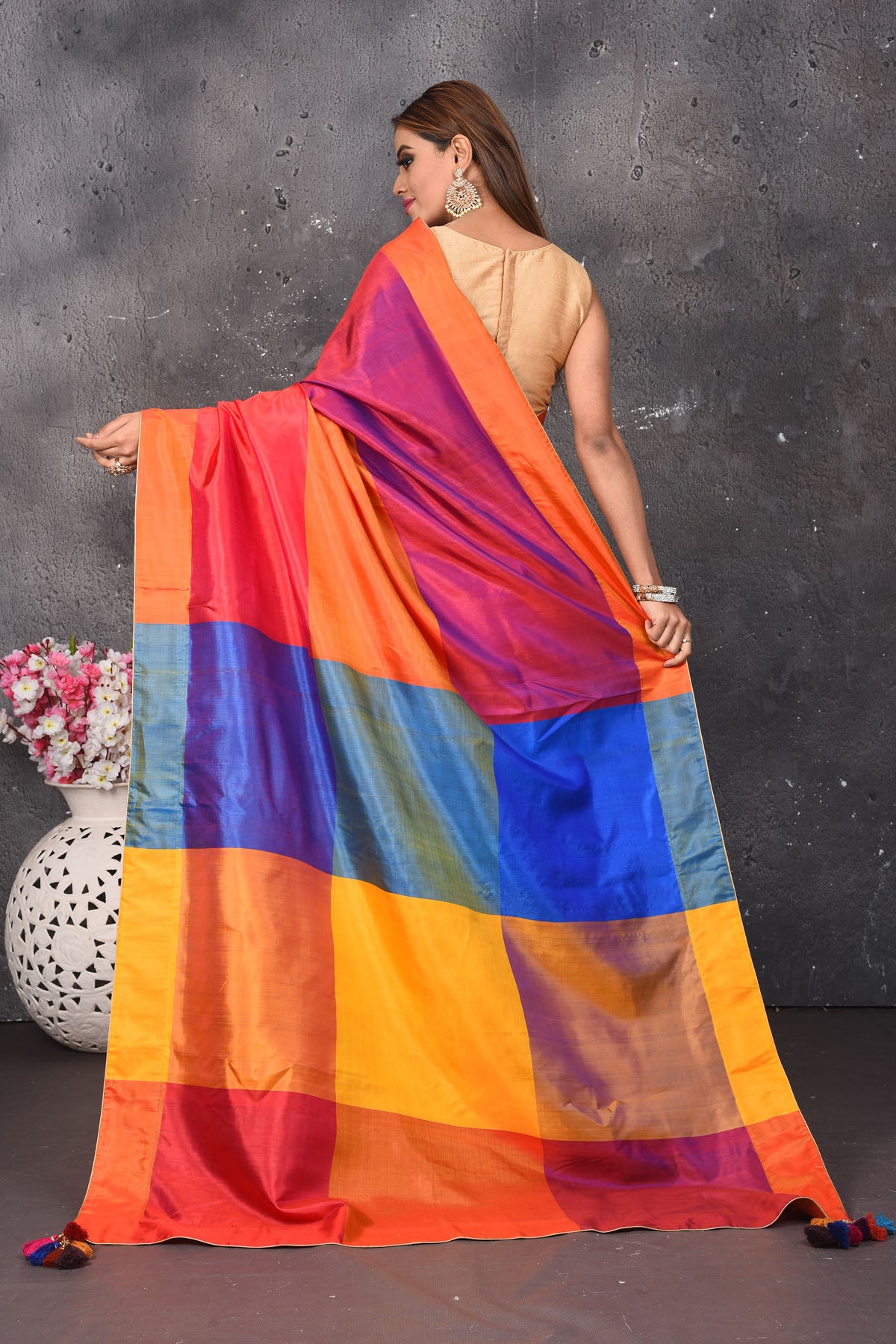 Shop beautiful magenta and orange matka silk saree online in USA with multicolor pallu. Keep your ethnic wardrobe up to date with latest designer sarees, pure silk sarees, Kanchipuram silk sarees, handwoven saris, tussar silk sarees, embroidered saris from Pure Elegance Indian saree store in USA.-back