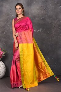 Buy stunning dark pink matka silk sari online in USA with yellow pallu. Keep your ethnic wardrobe up to date with latest designer sarees, pure silk sarees, Kanchipuram silk sarees, handwoven saris, tussar silk sarees, embroidered saris from Pure Elegance Indian saree store in USA.-full view